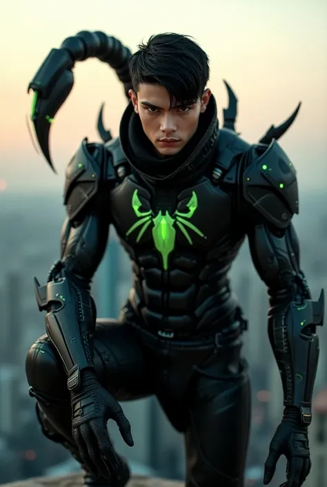 Young handsome man with short black hair and somboy style face, eyes browns, wearing black futuristic cybernetic armor with a green scorpion symbol on the chest, a cybernetic scorpion tail made of black metal with green details, holding two futuristic gree...