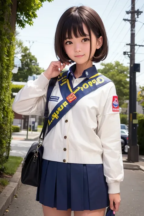 a beautiful (( girl)), dressed in Boy Scout uniform , It is standing in front of the observer, looking at the observer,  smiling at the observer 