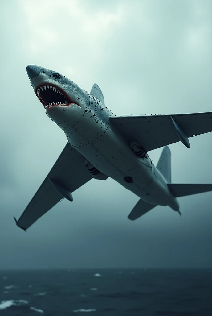 A fusion between an airplane and a shark, featuring the sleek body of a shark with airplane wings extending from its sides. The front resembles a sharks head with sharp teeth and menacing eyes, while the tail fin is modified to include jet engines. The bod...