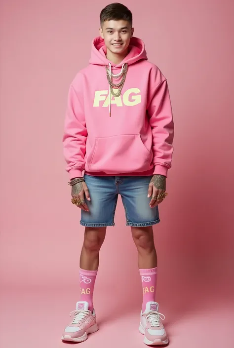 realistic photo, full length view, of a  fashion fag white guy with short clean undercut fashion styled haircut ,  golden teeth, wearing  pink  FAG big  logo socks,  Balenciaga chuunky sneakers, pink FAG hoodies, denim shorts, lots of rings, bracelets, nec...