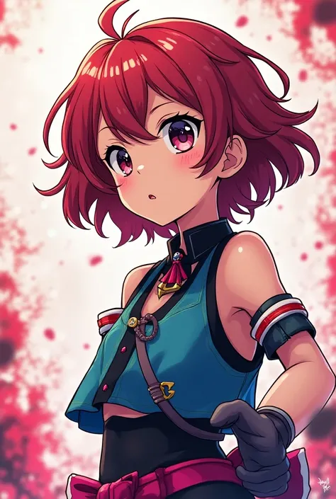  Create a comic panel of a girl with short hair and a large fringe spiked with red highlights ,a blue outfit with black and pink details  ,make anime version
