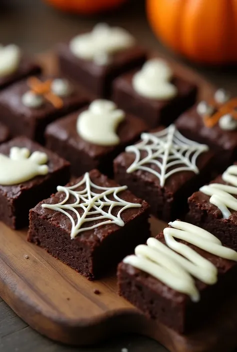  Brownies with different Halloween decorations drawn on the brownie with white chocolate, Some brownies with ghosts ,  others with cobwebs ,  others simulating mummy bandages and making it a photo taken in an average kitchen in Latin America 