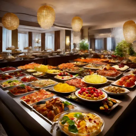 Luxury hotel buffet with meat dishes, fish dishes, salads, pasta, rice dishes, fruits, desserts and cakes, glitter effects