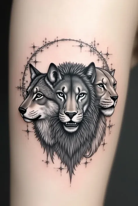  Act like an expert tattoo designer ,  and creates a tattoo for women in white ,  black and gray with the following conditions:  Small in proportion . The face of a wolf ,  a lion and a panther inside a circle of stars. 