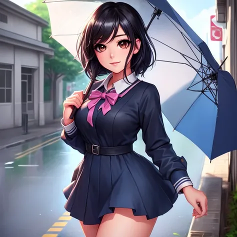 8k, RAW Photos,  best quality, masterpiece,  reality, anime girl with black hair and blue dress holding an umbrella, smooth anime cg art, Cute realistic portrait, Digital anime illustration,  realistic anime art style , detailed  Digital Anime Art,  realis...