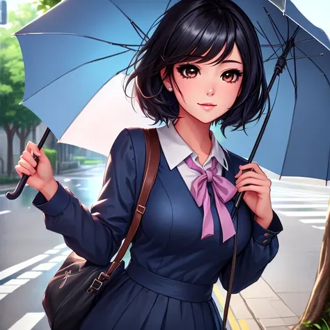 8k, RAW Photos,  best quality, masterpiece,  reality, anime girl with black hair and blue dress holding an umbrella, smooth anime cg art, Cute realistic portrait, Digital anime illustration,  realistic anime art style , detailed  Digital Anime Art,  realis...