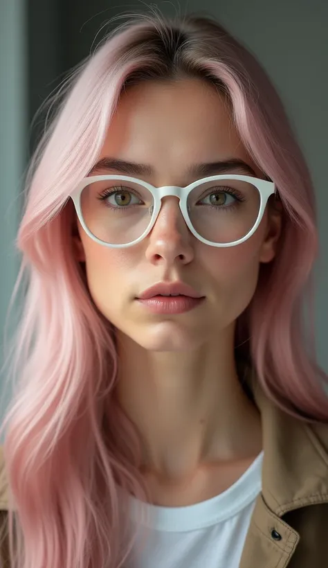 young woman, Caucasian skin, long light pink hair, rosy lips and cheeks, eyes black. Her expression is soft, but serious. She wears white-framed prescription glasses.. She is dressed like a college girl and looks smart.. She is extremely realistic. 