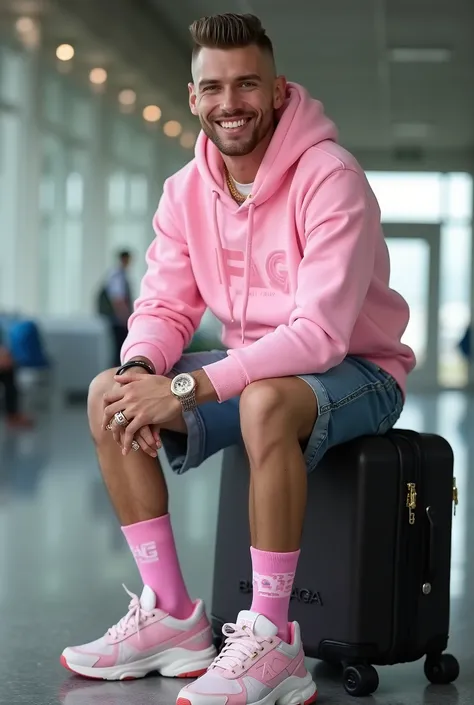 realistic photo, full length view, of a  fashion fag white guy with short clean undercut fashion styled haircut ,  golden teeth, wearing  pink  FAG big  logo socks,  Balenciaga chuunky sneakers, pink FAG hoodies, denim shorts, lots of rings, bracelets, nec...