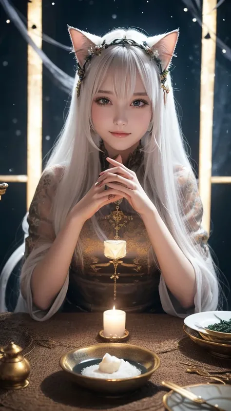 
(masterpiece, highest quality, highest quality, official art, beautiful and aesthetic: 1.2), (one girl: 1.3), wavy long hair, white hair, Cat ears on the head,highly detailed portrait, highly detailed hands, looking at the viewer, alone, (whole body: 0.6)...