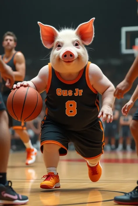 Funny pig playing basketball against other players,  in a black basketball uniform and the number 8 on the shirt, And the name Gus Jr ,with orange Adidas basketball shoes