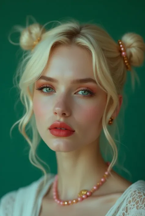 A close-up photo of a futuristic woman with pale skin and blonde hair in playful pigtails. She has vibrant red makeup on her eyes and lips. She is wearing gold earrings and a delicate pink necklace. The lighting is diffused with touches of high luminosity ...