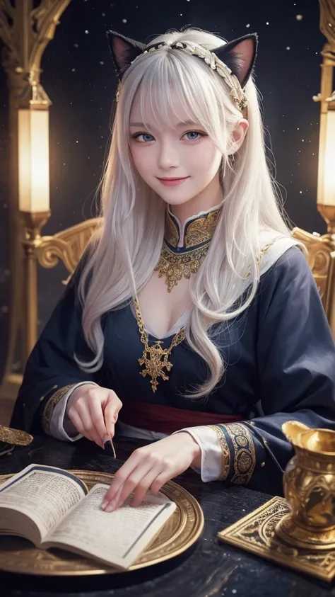 
(masterpiece, highest quality, highest quality, official art, beautiful and aesthetic: 1.2), (one girl: 1.3), wavy long hair, white hair, Cat ears on the head,highly detailed portrait, highly detailed hands, looking at the viewer, alone, (whole body: 0.6)...