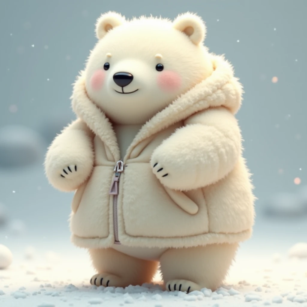  realistic and fluffy polar bear wearing fluffy clothes　 chubby figure　モコモコした服を着ている　 standing on two legs 　