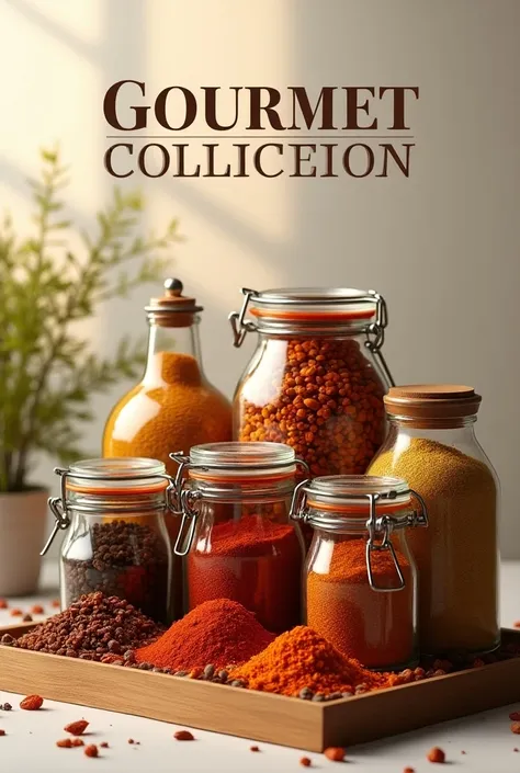 Gourment Collection, ((masterpiece, highest quality, Highest image quality, High resolution, photorealistic, Raw photo, Extremely detailed CG unified 8k wallpaper)), A poster photo announcing the event, with a large “Gourmet Collection” written on it, and a set of jars of various types of spices arranged in a box,