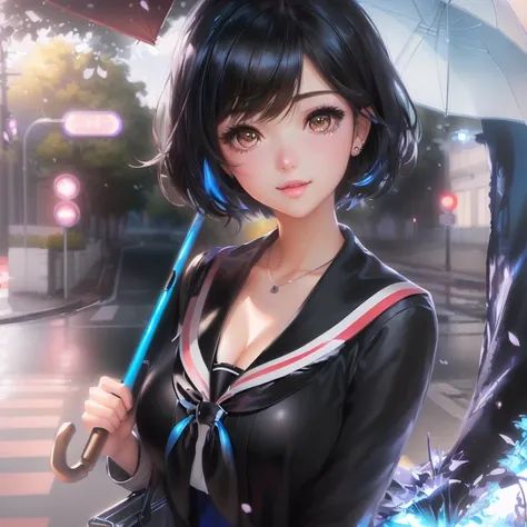 （8k, RAW Photos,  best quality）,anime girl with black hair and blue dress holding an umbrella, smooth anime cg art, Cute realistic portrait, Digital anime illustration,  realistic anime art style , detailed  Digital Anime Art,  realistic anime art style in...