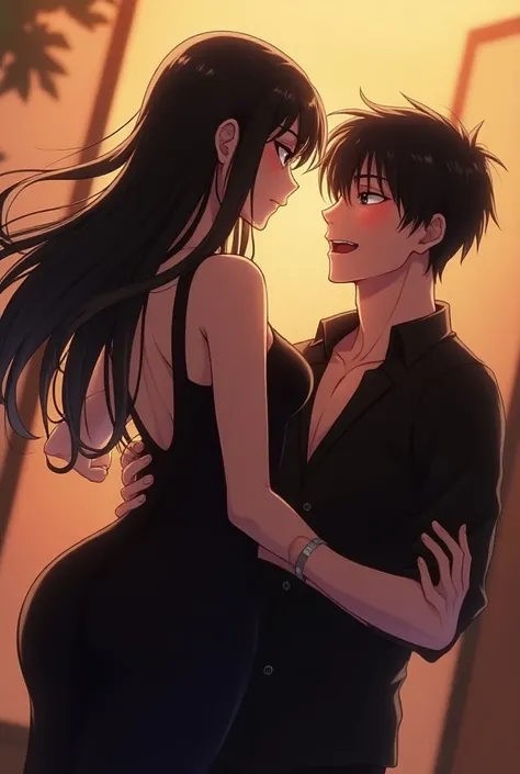  Beautiful anime girl with long black hair , black eyes , big breasts, wearing a black dress with a neckline highlighting her plump body. Handsome anime boy with black hair and black eyes with flushed cheeks and laughing while the girl scolds him with a bl...