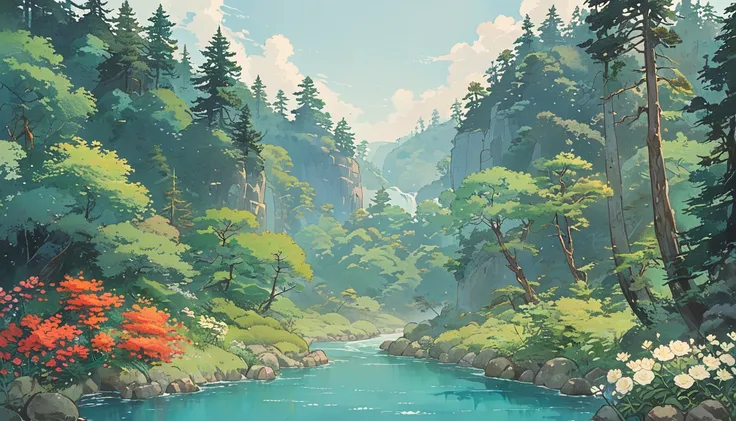 minimalist , forest , natural , studio ghibli inspired, landscape ,river , Clear sky ,flora