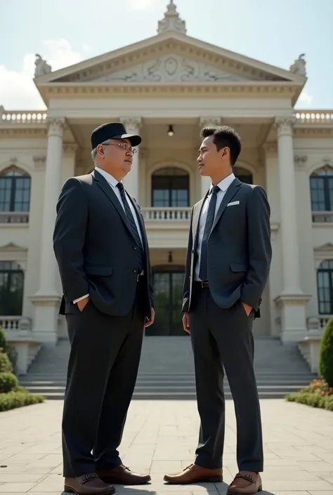 An Indonesian man aged 57, quite fat, wearing a black cap, wear blazzer and tie ,  wears casual pants and slippers , Poto with a 30 year old young man,  wears blazzer and tie ,  and wears casual pants and panfofel shoes,  in front of a magnificent building...