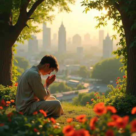 A serene close-up scene of an individual kneeling in prayer, exuding a sense of deep reverence and connection to the divine. The person, dressed in simple but meaningful attire, has their hands clasped and head bowed, surrounded by an aura of tranquility. ...