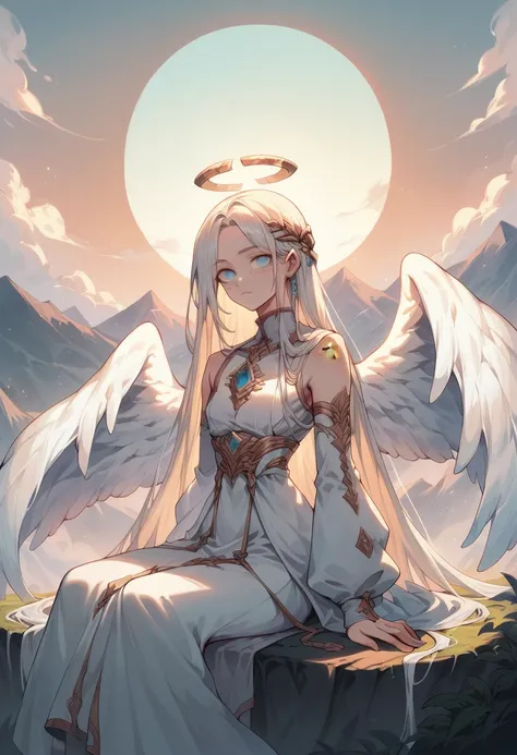  Teenage boy with light blond hair with pale blue eyes with freckles on his face,  thin body, with waist, with albinism, has slightly long hair , Angel wings,  sitting on a mountain looking at the beautiful landscape .