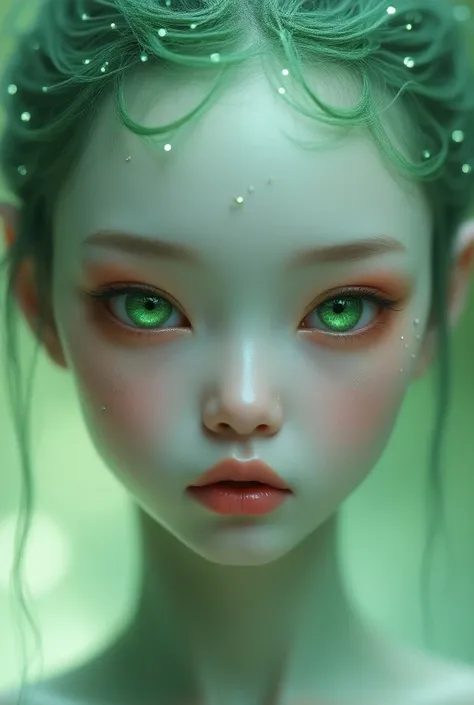 creates a hyper-realistic image of a beautiful alien with Asian features, green eyes named wuzin