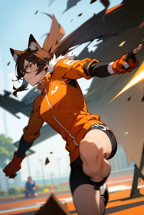 Anthropomorphic cat character, determined expression, running on a track, dynamic pose, modern athletic outfit with an orange jacket, cel-shaded, anime-style with vibrant colors, clean lines, soft background blur, sunlight casting shadows, debris flying fr...