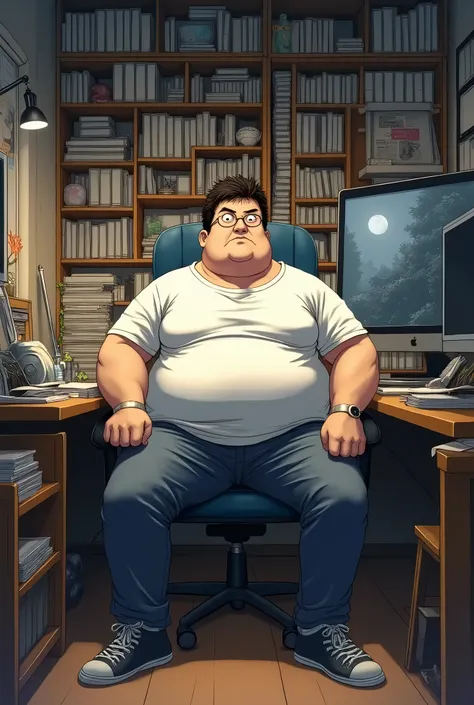 Man 40 years old)(1,70 cm)( 210 kilos  )( dark brown hair)( white skin)obese)( Otaku locked in his room) manga writer )(Mangakas )anime style ) good quality anime )