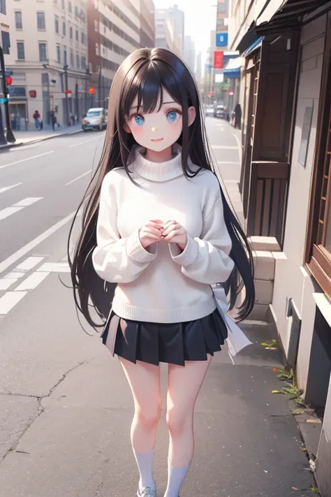 (Best Quality)), ((masterpiece)), (detailed),nsfw1.9, ((Full Body Shot 1.5, view from below))， a beautiful 19-year-old woman in a city lined with buildings， smiling with their mouths open，The look of temptation， very sexy ，(((White knitted sweater, wearing...