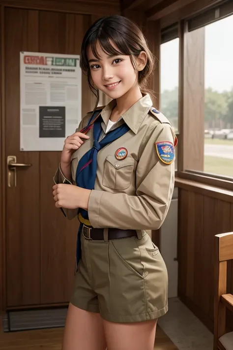 A beautiful and sexy one (( girl)), dressed in Boy Scout uniform , It is standing in front of the observer, looking at the observer,  smiling at the observer 