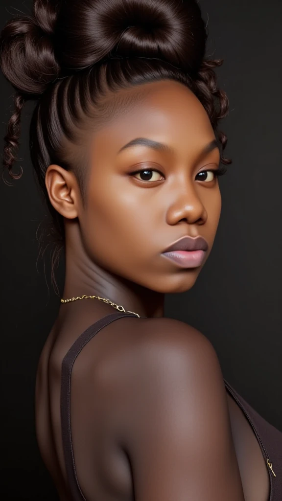 destinia beautiful dark skinned woman with silk pressed hairstyle, intricate hairstyle details, elegant expression, piercing eye...