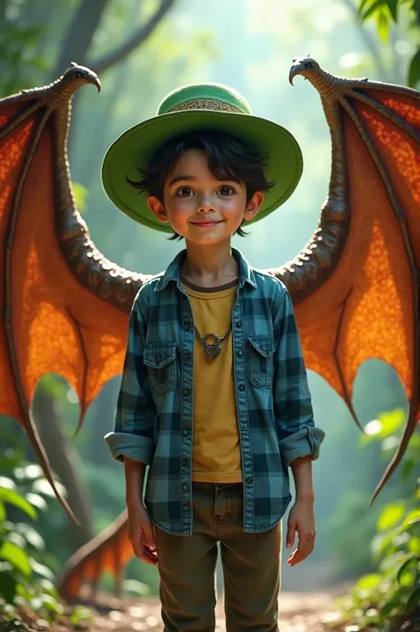 Lucasmotoninja a boy who wears a green Brazilian hat and a blue plaid shirt and huge dragon wings 