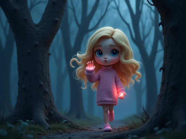 Luma, with her soft, flowing blonde curls and big blue eyes, walks cautiously through a dark, eerie forest. Her light pink sweater softly glows, providing a beacon of hope. Behind her, the trees twist with skeletal branches, but Luma holds her hand up, her...