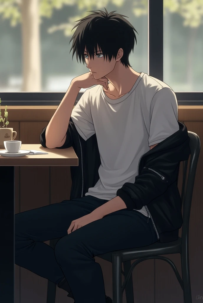  17-year-old Obito Uchiha is sitting in a modern cafe , with a serene expression, relaxed and elegant on her face.  He wears a white short-sleeved shirt with a crease zipper on the chest and a black leather jacket adjusted, that enhances her slim figure . ...