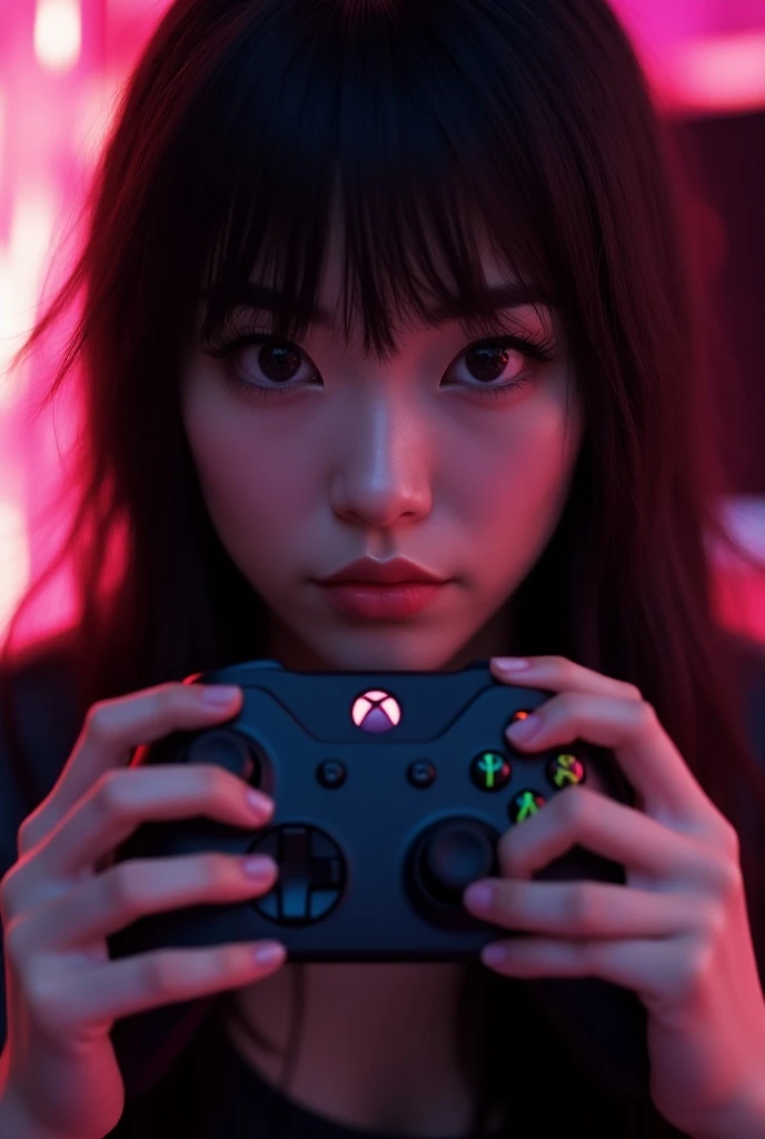 Front design of a female gamer with black hair  ._ 
 With Xbox one s-style video game controller in color ultra photorealistic 8k in the background colors pink and black 