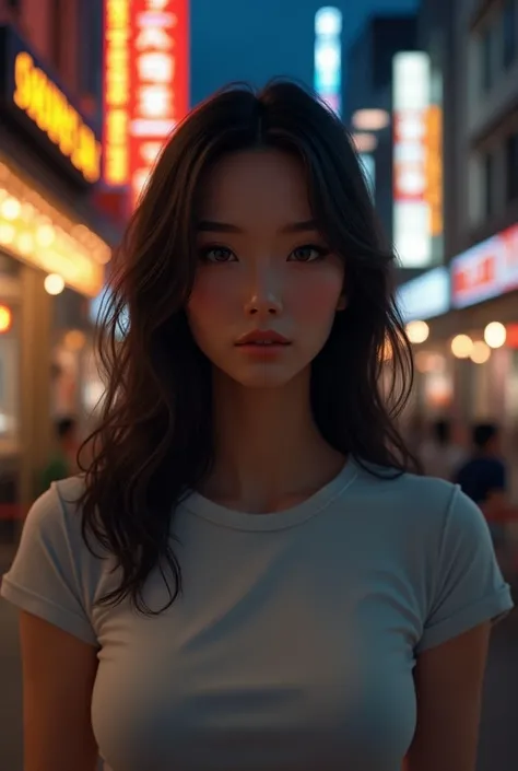 (Best quality, High resolution, Masterpiece :1.3), A pretty woman, Slender figure, Dark brown hair, T-shirt, (Street in city at night), Highly detailed face and skin texture, Detailed eyes, Double eyelid