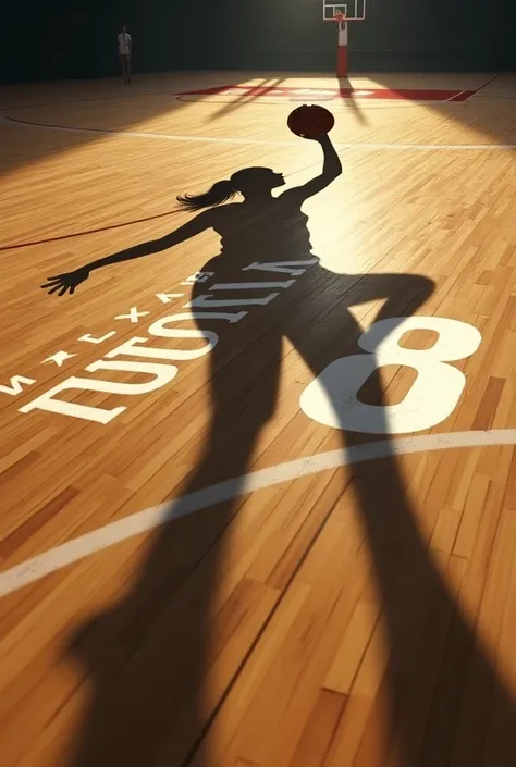 Shadow of a woman,  making a layup in basketball, with the number 8 and the name Rivera 