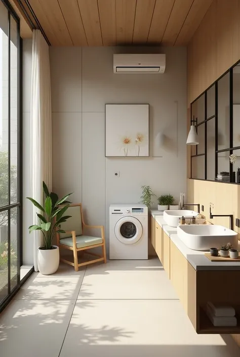 Realistic feel、3D wind、high quality、High image quality、Detailed Description、Delicate colors、Japan、casual、 Pick up the bathroom 、 Stylish system bath 、 Install a stylish washing machine 、Stylish sink 、 Many cups and various toiletries in front of the sink、 ...