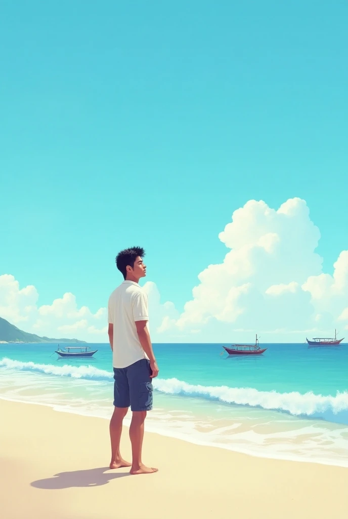 A young man from Indonesia is standing on the beach, wearing casual clothes with a white shirt and shorts. He was contemplating while looking towards the sea, with a backdrop of calm waves and a bright blue sky. In the distance, you can see several traditi...