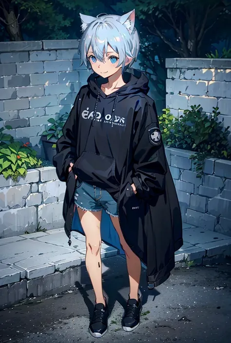 A  Solo,  Hair, , Cat Ears, Blush, Blue eyes, Light Smile, 
 Crown, sliver hair, a black hoddie and jeans shorts Short Hair, background standing in garden 