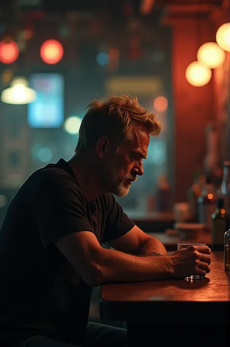 The 40-year-old blonde with short hair and medium beard in excellent physical shape is sitting in profile at a bar table suffering from unrequited love 