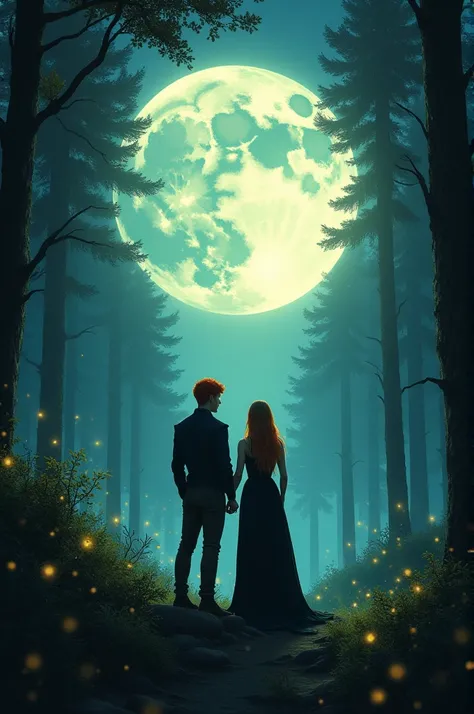  Magic forest at night with a shining moon in the middle , a magical environment ,  with the silhouette of a red-haired man and woman in a black dress looking at the moon and surrounded by power