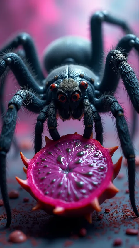 A tarantula spider eating a dragon fruit, epic and scary looking with cinematic style, colorful background