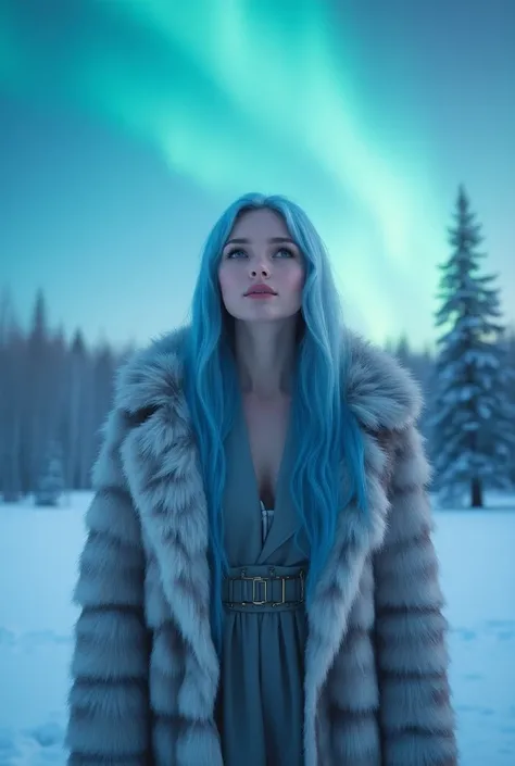 (photorealism:1.2), A photo of an elf woman with blue hair that fades to pink. She is wearing a fur coat made of a grey wolf under a grey vest. She is in a snowy terrain and is looking up at the aurora borealis in the sky. The background is a vast, white s...