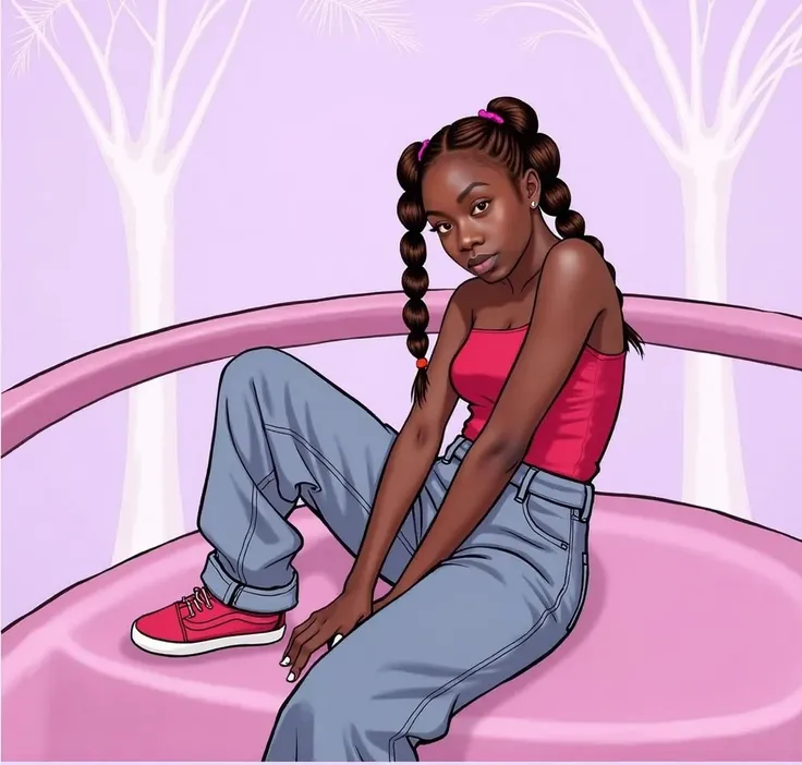 destini, dark skinned black girl with long brown hair in neat triangle box braids, glowing skin, strawberry tube top, baggy jeans, pink Vans shoes, pink and red barrettes in hair, glossy full lips, 