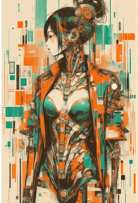 Create a creative arts collage, inspired by the art of Moebius using a collage technique, ((the word "Gucci" written within it)), korean woman, cleavage, big breasts, gucci clothes, 