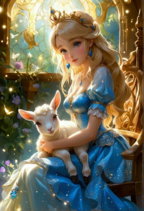 A Fully princess Siting on chair and baby goat biting on nipples of princess 