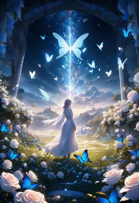 Pretty White and Blue Butterflies over A Field of White Magical Roses At Night Epic cinematic brilliant stunning intricate meticulously detailed dramatic atmospheric maximalist digital matte painting oil painting by James Gurney 8k resolution holographic a...