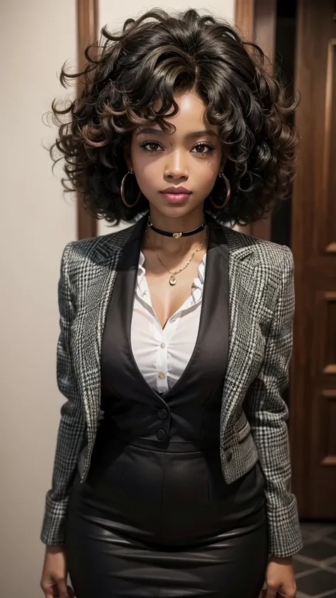  A curly-haired black woman with a rich style that demonstrates authority, elegance and confidence 