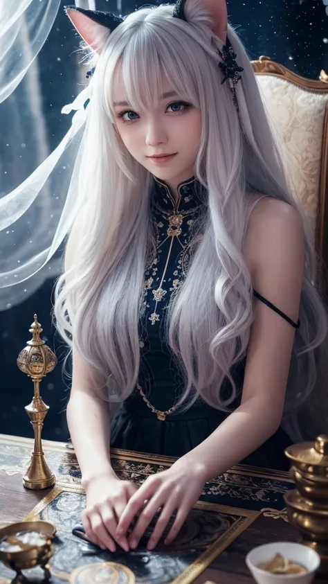 
(masterpiece, highest quality, highest quality, official art, beautiful and aesthetic: 1.2), (one girl: 1.3), wavy long hair, white hair, Cat ears on the head,highly detailed portrait, highly detailed hands, looking at the viewer, alone, (whole body: 0.6)...