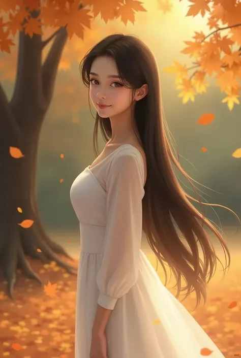  1 girl, solo,  High Resolution ,  slightly big breasts, Landscape、smile,whole body、Black Hair,  very long hair, 
Best Quality, autumn leaves、White Dress、